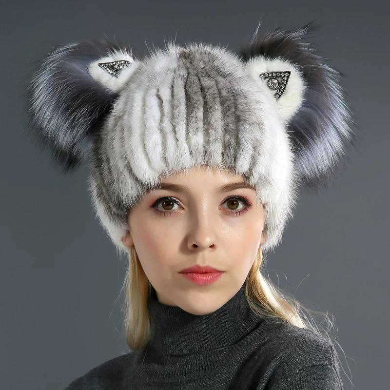 Шляпа из норки Женская Осень и Зима Корейская версия Плетеная Лисья Шерсть Кошачьи Ушки Сладкая Милая Шерстяная Вязаная Меховая Шляпа