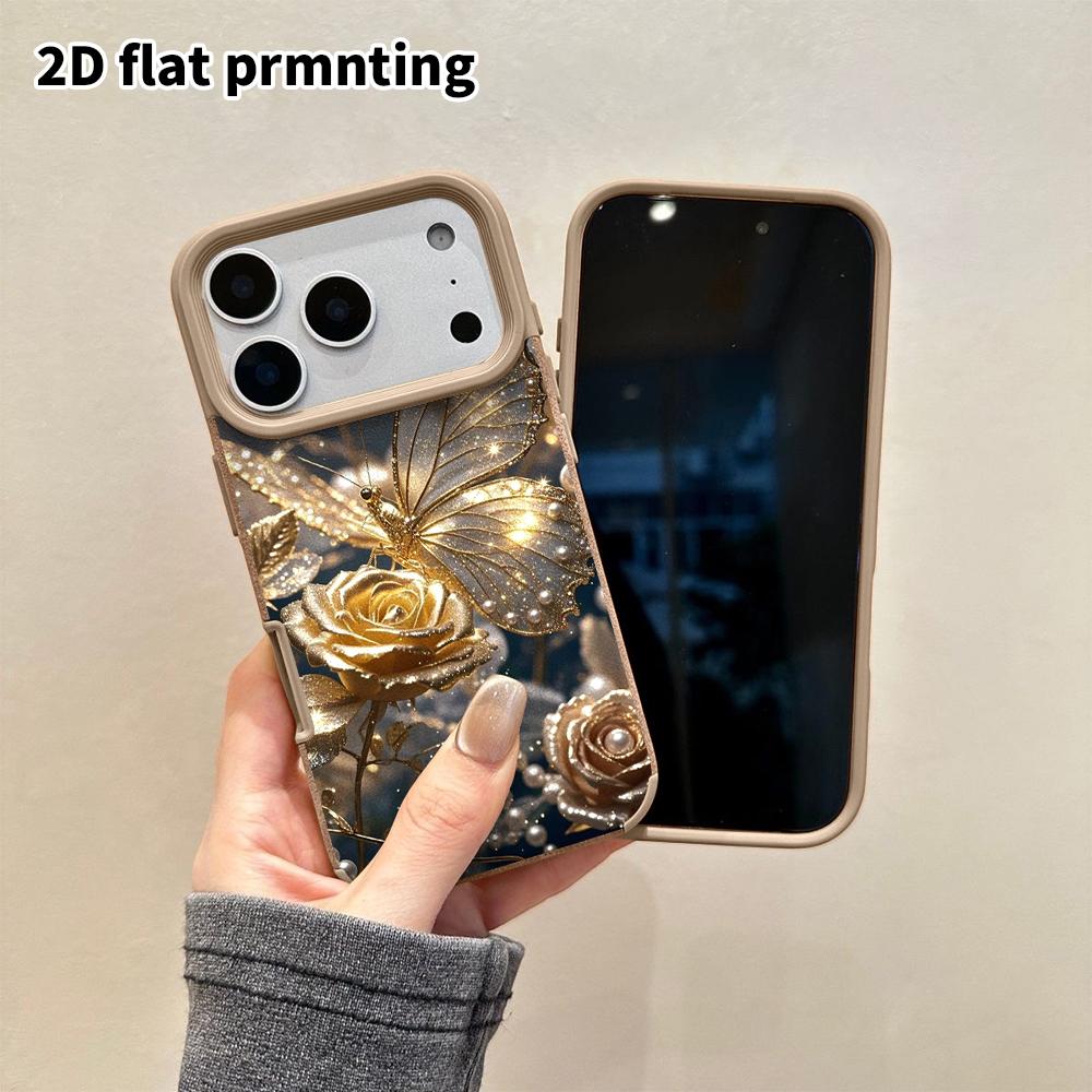 Phone Case: 2D flat lambskin suitable for iPhone 18 17 16 15 14 13Pro protective case, golden butterfly rose, Christmas and Halloween gifts