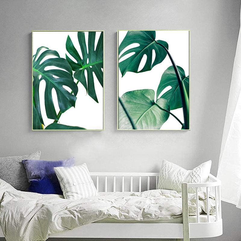 Nordic Green Palm Leaf Wall Art Monstera Leaves Canvas Painting Minimalist Tropical Plant Wall Picture for Living Room Decor