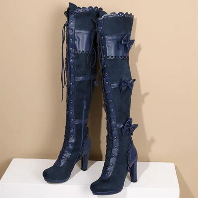 2025 Большой размер 43 Женские черные готические ботфорты на шнуровке Ретро готические черные туфли на высоком каблуке Обувь для косплея вампирской ведьмы Бант