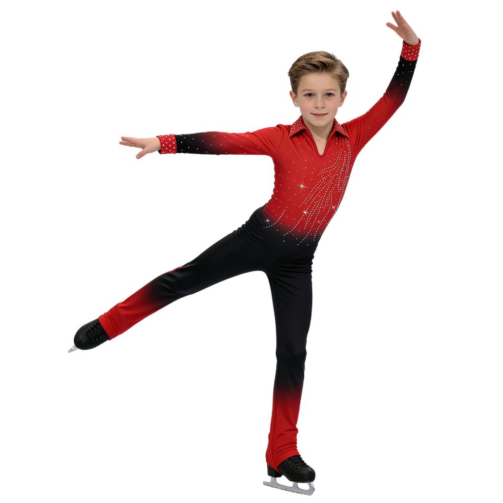 Boys Sparkly Rhinestones Full Body Jumpsuit Long Sleeve Long Pants Color Gradient Figure Skating Dance Bodysuit
