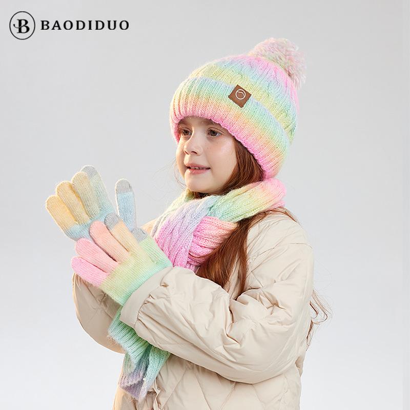 Winter Children's Hats, Scarves, Gloves, Three Piece Set, Anti Cold and Velvet Warm Ear Protection, Men's and Women's Knitted Woolen Hats