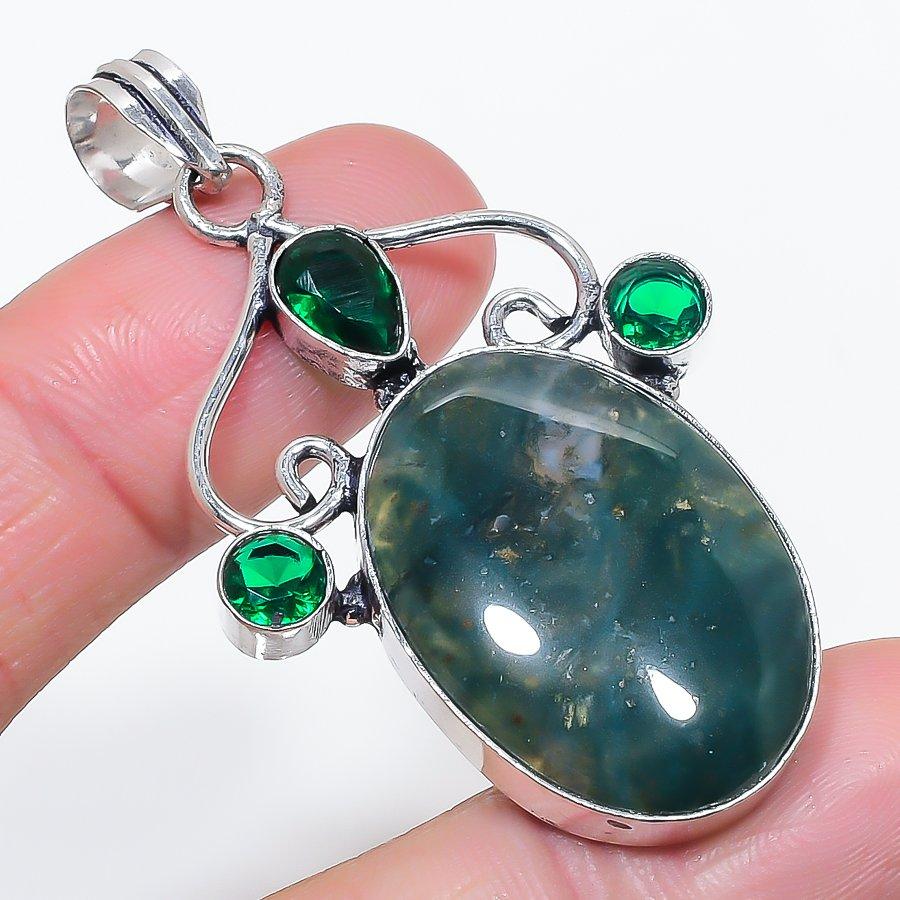 Indian Moss Agate, Diopside Gemstone 925 Sterling Silver Pendant 2.29"