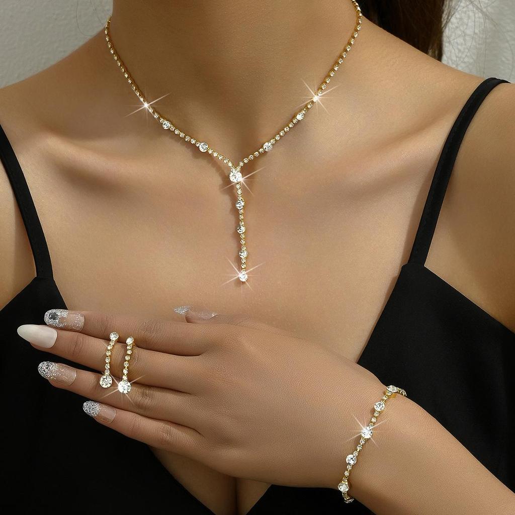 Серебряный комплект украшений с бриллиантами: Женские серьги, ожерелье и браслет - Простые свадебные аксессуары из трех частей