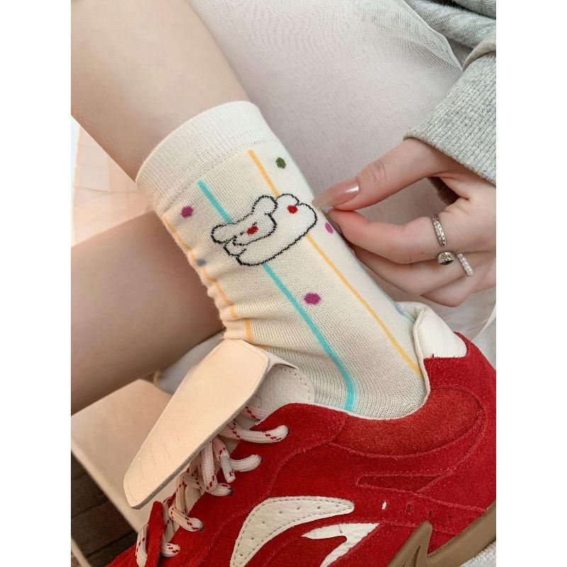 Милый мультяшный пес, Смешные носки, Женские носки до середины икры, Полосатые носки в горошек из чистого хлопка, Длинные носки