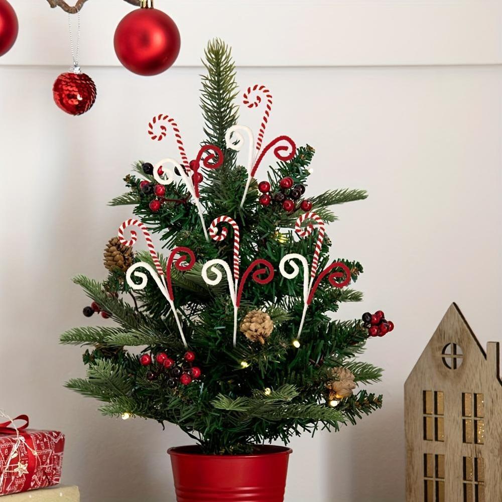 5 Pcs Festive Candy Cane Branches, Red, White Green Wool Curly Lollipop Decor for Christmas Tree Vase Filler Holiday Party Home Decoration