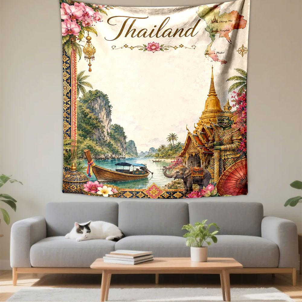 Thailand Tapestry Wall Hanging, Tropical Travel Poster Art, Boho Wall Decor for Bedroom Living Room Dorm