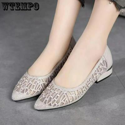 Босоножки на низком каблуке с полой сеткой, украшенные стразами, с острым носком, без шнуровки, женские туфли-лодочки из мягкой кожи, дышащие, легкие, удобные