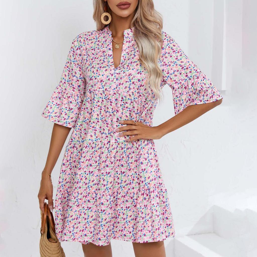 Женское летнее платье с короткими рукавами и высокой талией в этническом стиле на шнуровке