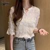 Fashion Ladys Shirt 2020 Summer  Stereoscopic Embroidered White Pure Cotton Blouse Floral Short