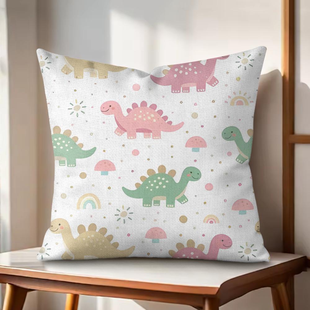 Cute Dinosaur Rainbow Cushion Cover Natural Linen Organic Fabric DoubleSided Printing Couch Pillow Covers Home Decor Gift