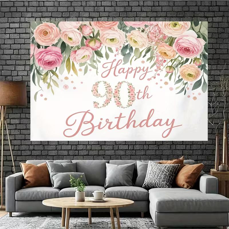 2D Elegant 90th Birthday Backdrop with Blush Pink Flowers & Greenery