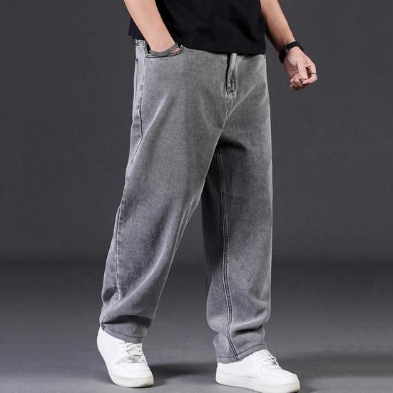 Мужские джинсы с высокой талией, однотонные сплайсированные джинсовые брюки с карманами, прямые, широкие, длинные брюки для повседневной носки