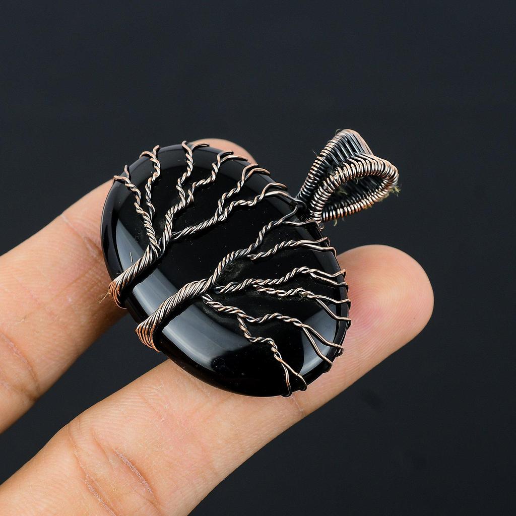 Двойное Древо Жизни, черный оникс, драгоценный камень, медная проволока, подвеска ручной работы, ювелирное изделие для подарка