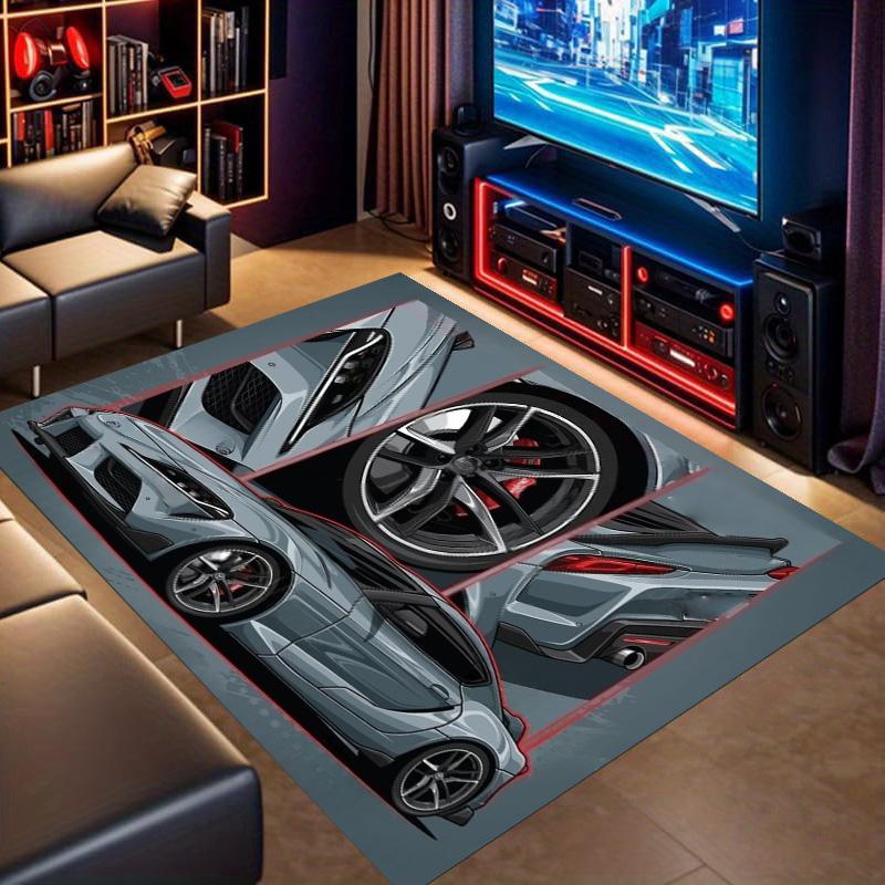Grey Sport Car Wheel Body Detail Comic Collage Print Area Rug Non‑Slip Rectangular Floor Mat Auto Fan Decor for Gaming Bedroom Living Room