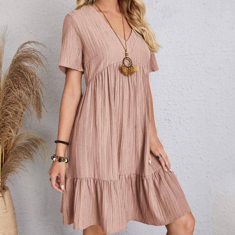 Летние свободные однотонные женские повседневные платья с коротким рукавом, модное винтажное элегантное сексуальное платье с баской, женское свободное платье с оборками на талии 25924