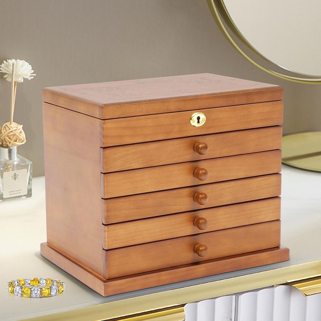 Bymaocar 6-слойная шкатулка для хранения ювелирных изделий с зеркалом, запирающаяся, изысканный резной держатель для хранения, декор, компактный органайзер для туалетного столика