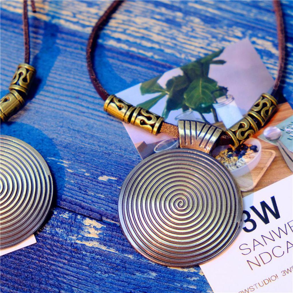 H&B Store Vintage Women's Ethnic Faux Leather Spiral Disc Round Pendant Sweater Necklace