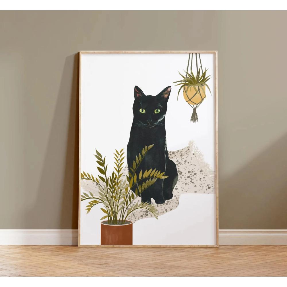 Watercolor Cute Kittens Potted Plant Canvas Print Cartoon Green Plants Animals Wall Art Postes for Modern Living Room Home Decor