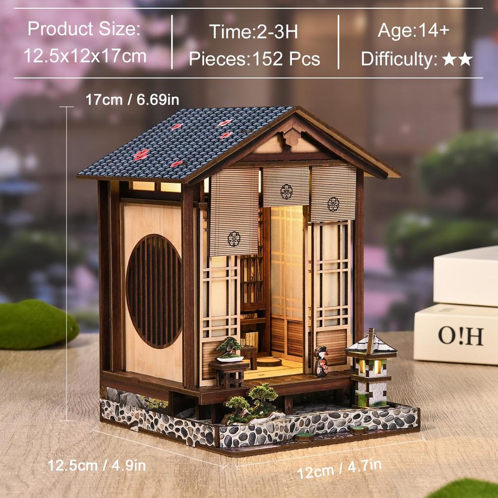 QmXCyzl Wooden DIY Dollhouse Kit, Miniature 3D Bookstand, Holiday Gift, Architectural Scenario Openable Design, Japanese Style (Planet and Garden)