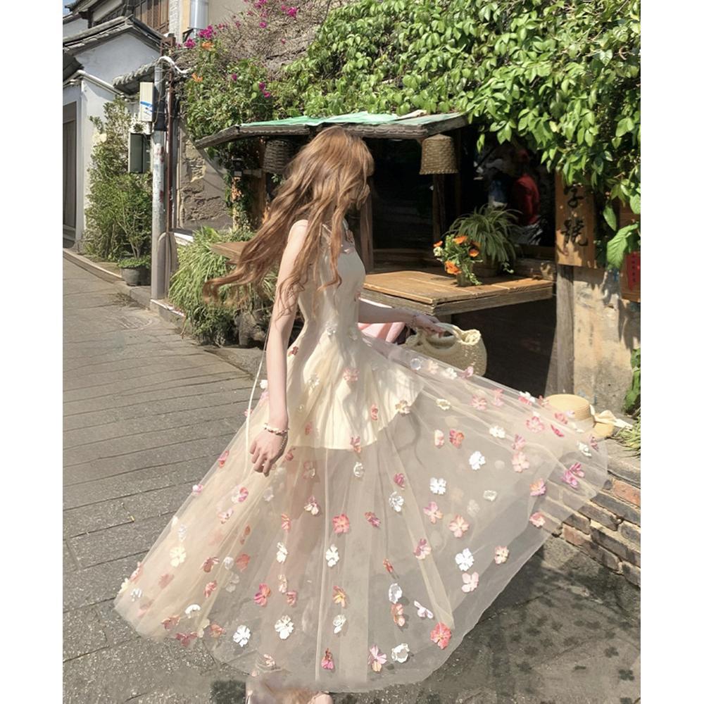 Summer Beautiful Vacation Wind Mesh Princess Fairy Long Skirt French Romantic Three-dimensional Flower Suspender Dress Woman