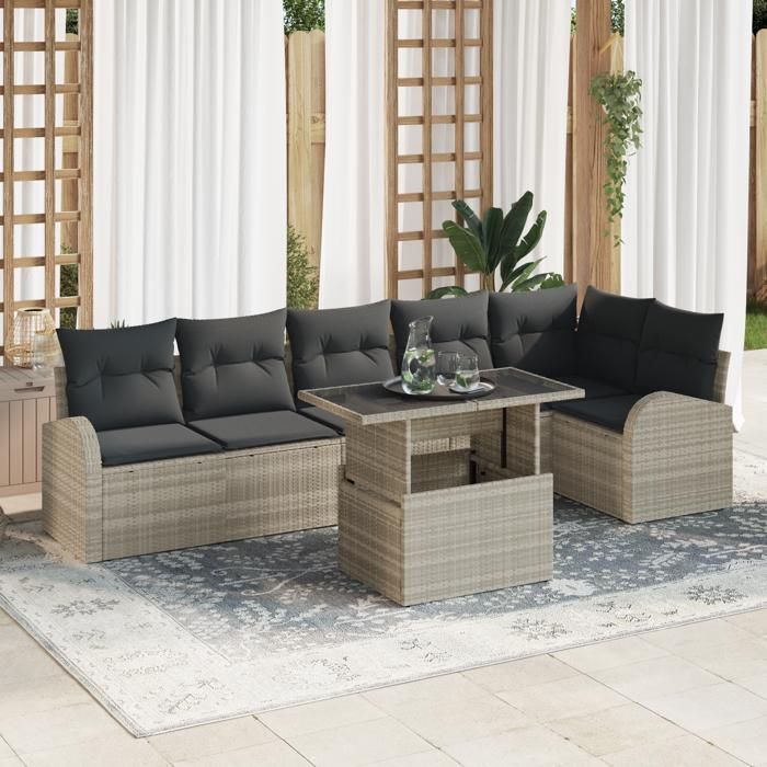 VidaXL Ensemble de canapé de jardin en 7 pièces avec coussins gris clair en rotin poly 3348658