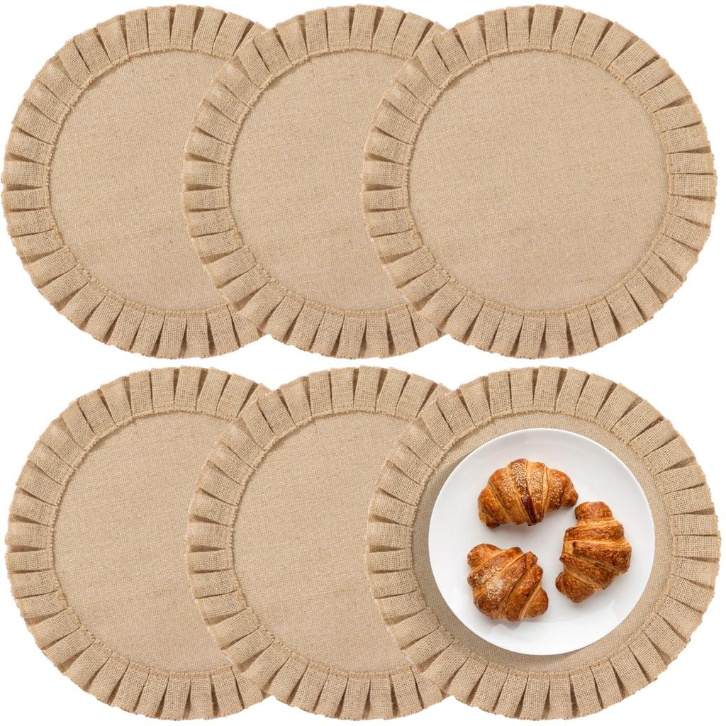 6 Pcs Round Burlap Placemats Set, 15 in Natural Woven Jute Placemats with Fringed Edge, Farmhouse Style Boho Table Mats