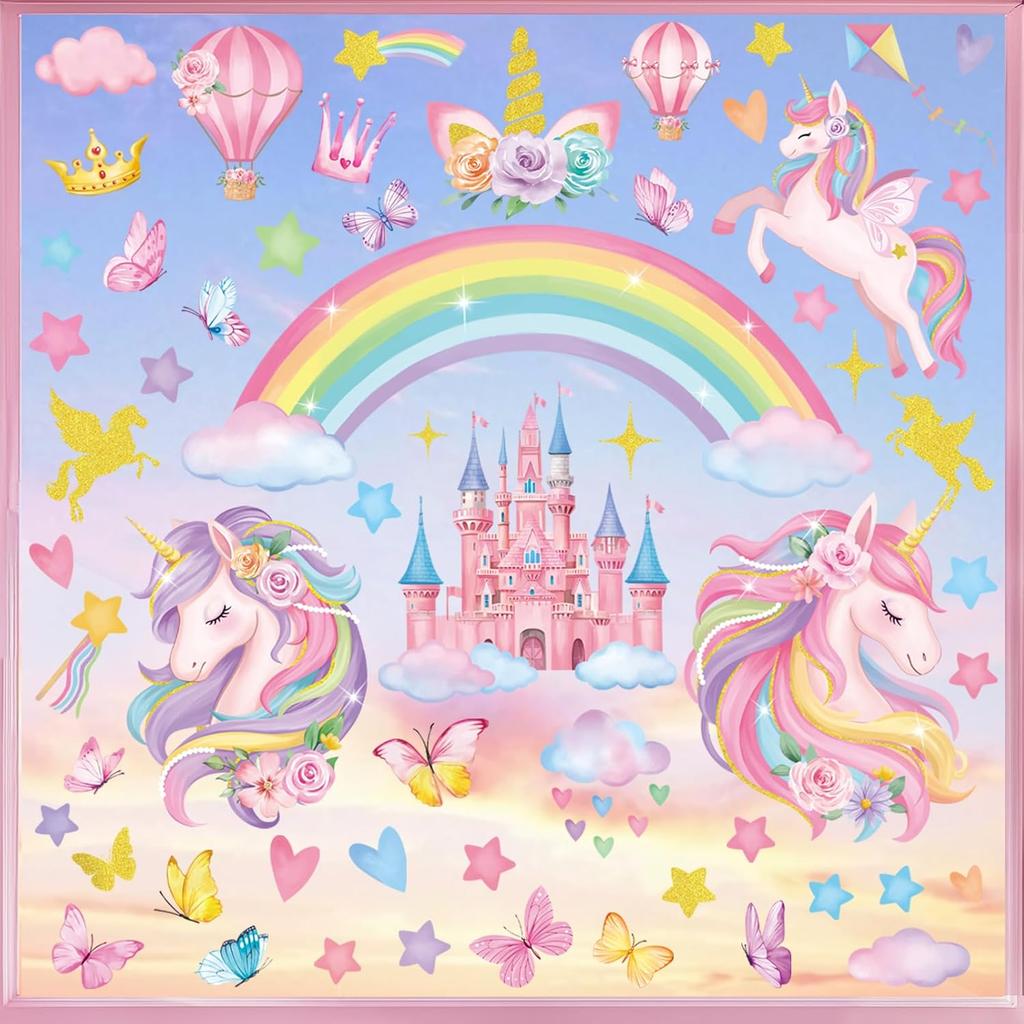 decalmile Rainbow Unicorn Window Clings Castle Hot Air Balloon Butterfly Clouds Window Decals Girls Bedroom Baby Nursery Kids Room Window Stickers