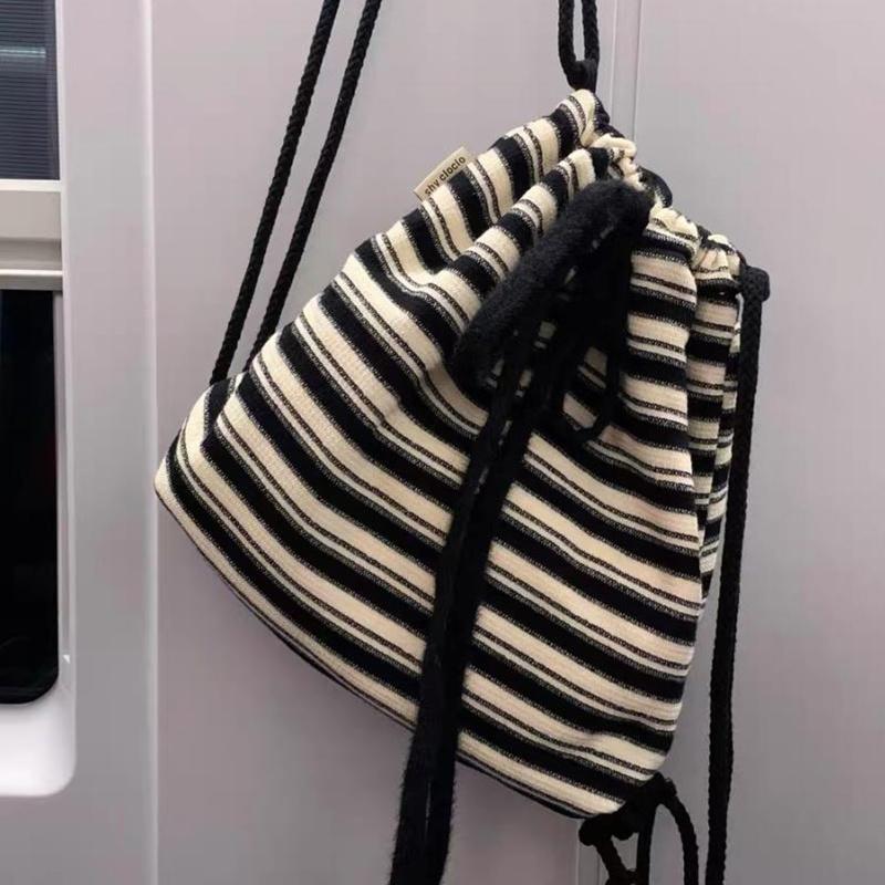 Brand Designer Cotton Striped Women's Backpack Casual Drawstring Bucket School Bag Large Capacity Travel Shoulder Bag CLE