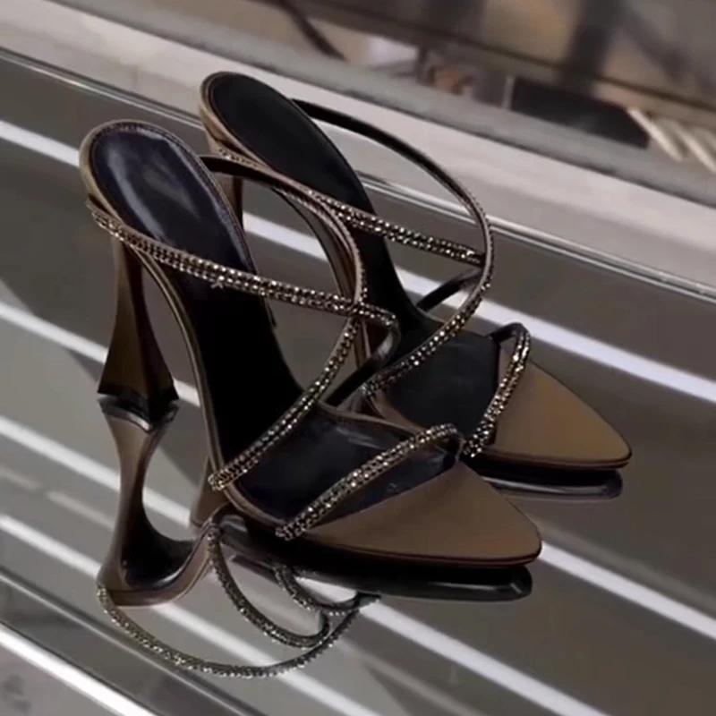 Fashion Summer Pointy Toe Thin High Heels Slippers Women Narrow Band Luxury Rhinestone Mules Slippers Sexy Crystal Party Shoes Woman