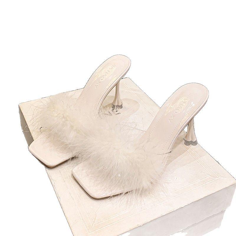 Новые туфли на высоком каблуке, пушистые тапочки, женская обувь, носить сандалии, сандалии, нежный ветер