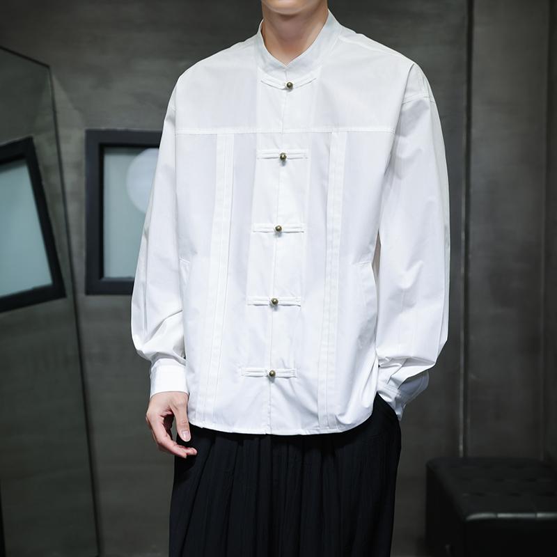 Осенняя мужская рубашка с воротником-стойкой, рубашки оверсайз, мужская рубашка с длинным рукавом в китайском стиле, формальные черно-белые повседневные ретро топы