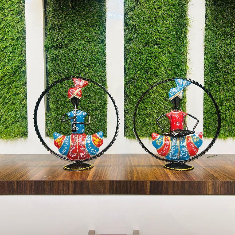 Set of 2 Metal Rajasthani Musician Showpiece, Table Decorative Items for Home, Tv Unit Showpiece, Home Decoration Items (Each Size 9x10 Inch)