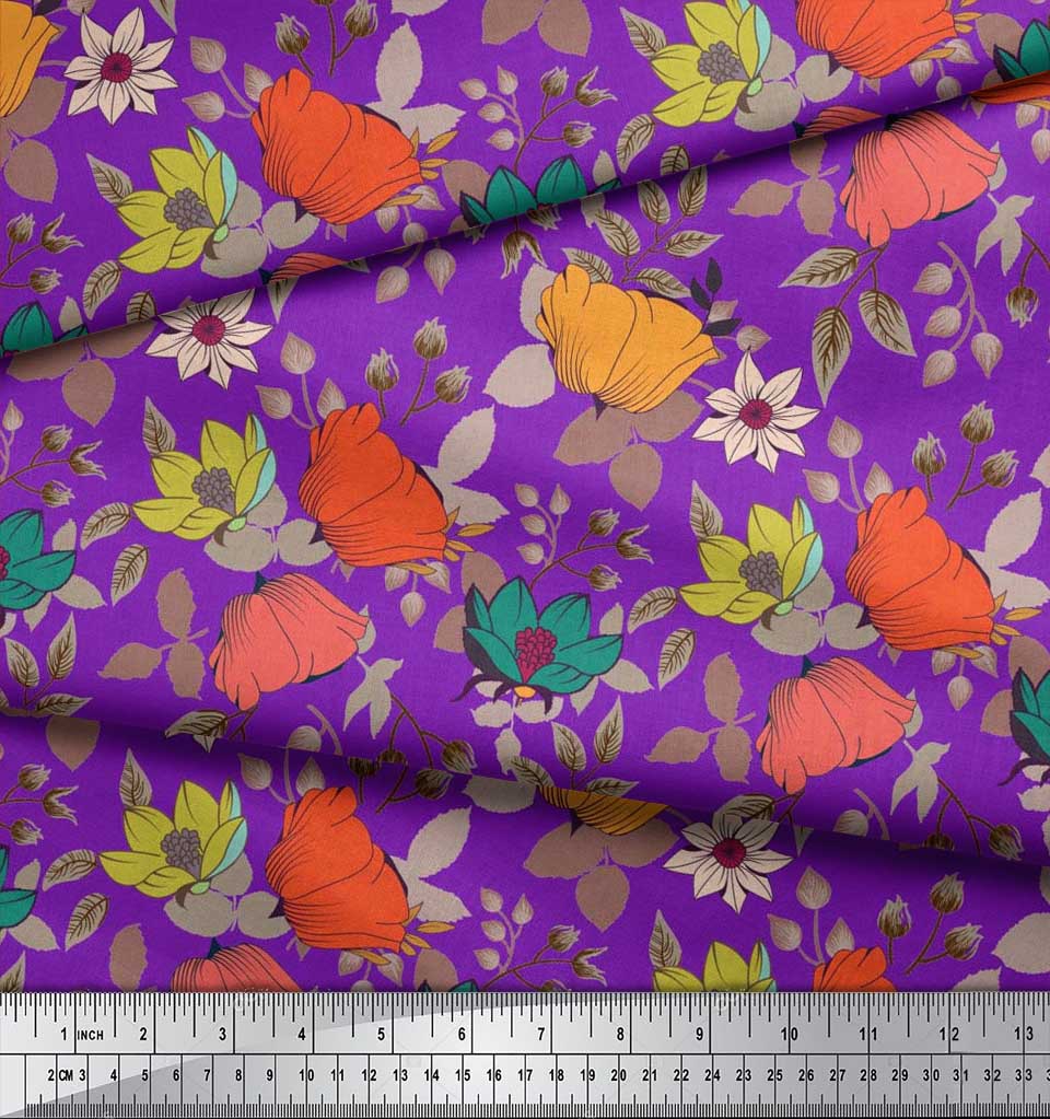 Soimoi Japan Crepe Satin Fabric Leaves & Floral Artistic Fabric Prints By Metre 42 Inch