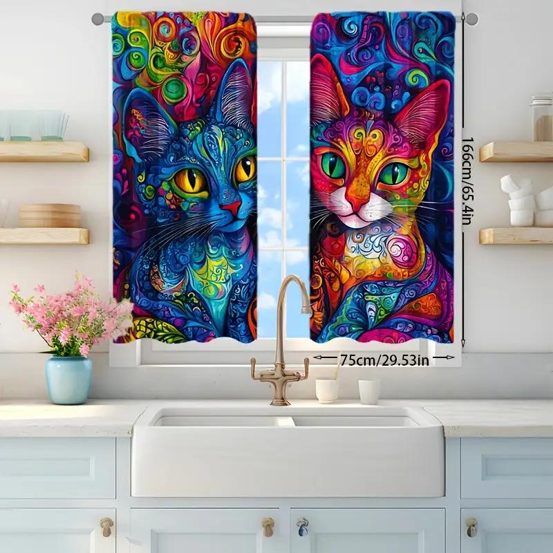 2pcs curtains with blue and colorful cat patterns, made of high-quality fabric with delicate touch, luxurious and beautiful