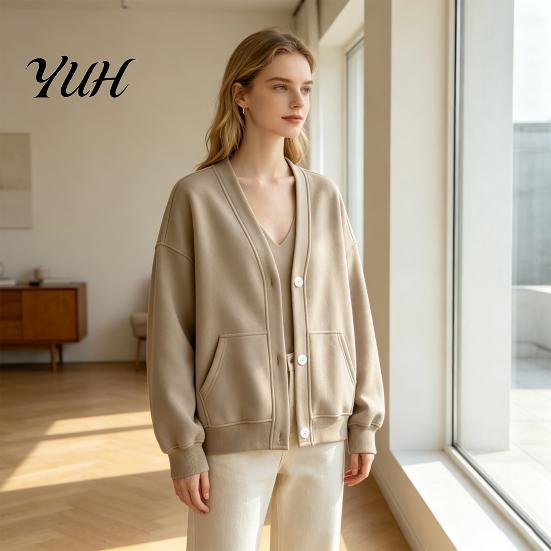 Fall Winter Top Women Button Front V-Neck Cardigan, Solid Color Oversized Sweatshirt with V Neck Cardigan Dual Pockets, Long Sleeve Casual Jacket for