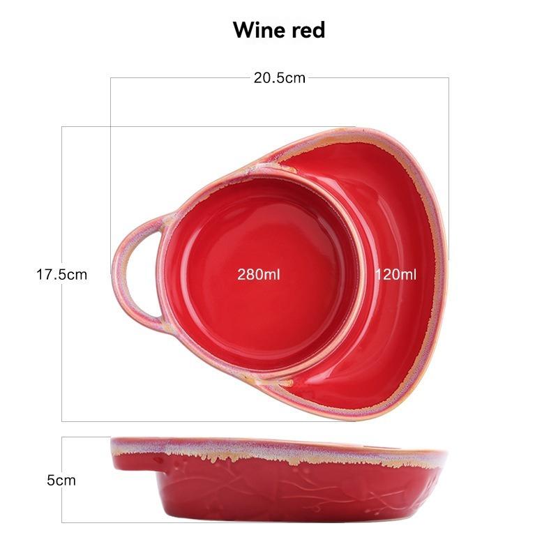 Vintage single handle breakfast grid ceramic baking pan creative baked rice snack fruit salad plate personalized breakfast plate, burgundy