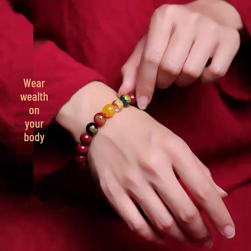 Браслет «Пять Богов Богатства» из натуральной киновари с пурпурным золотым песком и агатом на удачу