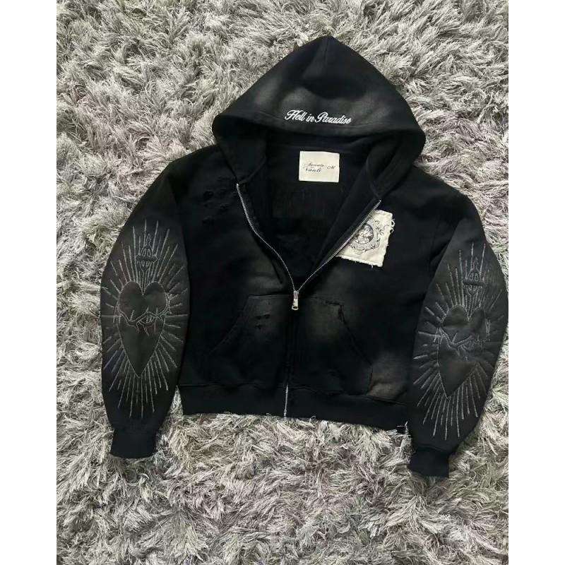 Printed Zip-Up Hoodie Sweatshirt Loose Fit Casual Top Young Men