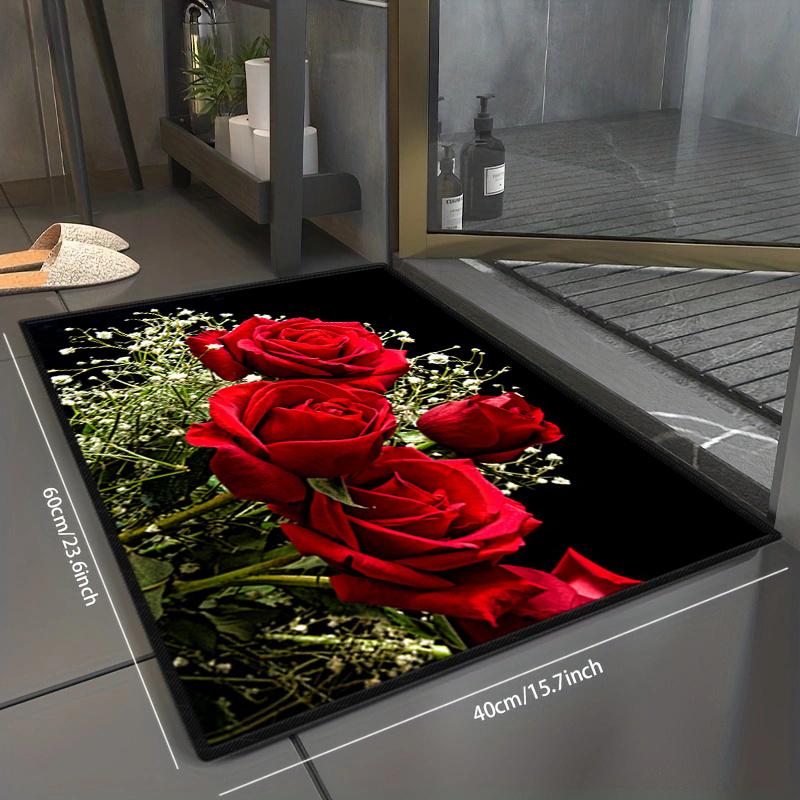 1Pcs Rose Pattern Floor Mat Modern Kitchen Polyester Rug Non-Slip Colorful Indoor Carpet, For Home Bathroom Bedroom Living Room Decor