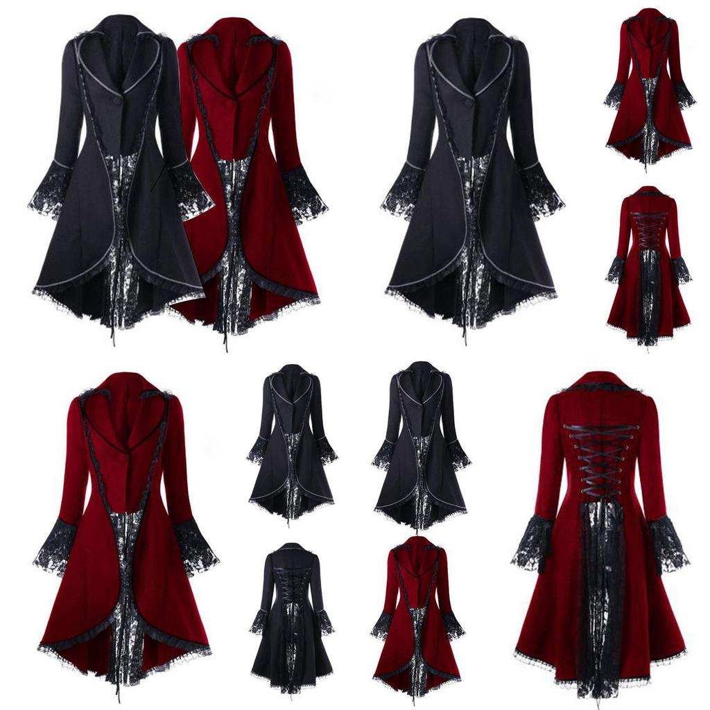 Women's Victorian Style Long Sleeve Coat Dress With Turn-down Collar And Button Opening Front