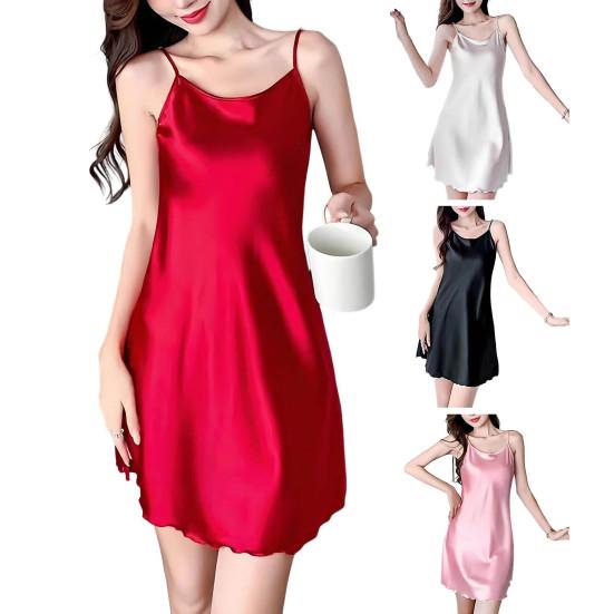 Women's Sexy Satin Nightgown Round Neck Silky Slip Nightdress Spaghetti Strap Sleeveless Chemise Pajama Dress