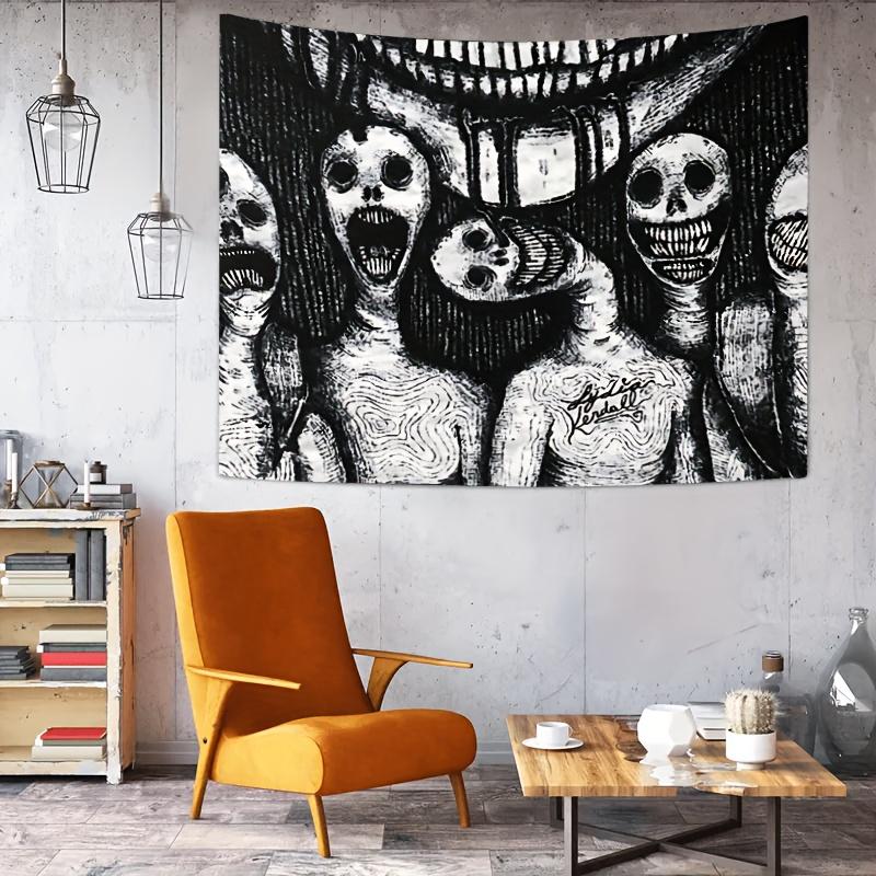 Dark Terror Hand Drawn Tapestry, Black White Gothic Wall Art for Bedroom Home Decor