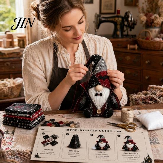 Pre-cut Fabric Patchwork Kit Halloween Gnome Kit, Witch Pumpkin Doll DIY Sewing with Pre-Cut Immersive Experience Buttons Needle Thread, Cute