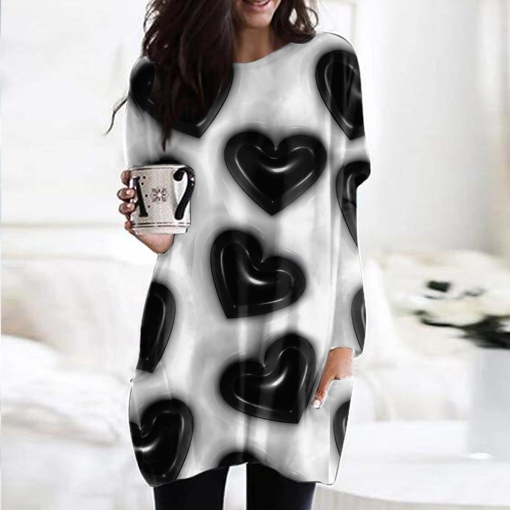 Женский модный повседневный топ с длинным рукавом и круглым вырезом ко Дню святого Валентина с принтом в виде сердца