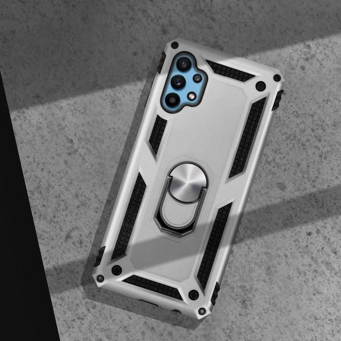 Coque pour Samsung A32 5G (6,4") Argente Anneau Support Metal Bordure Silicone Plaque Métallique Au Dos Solide