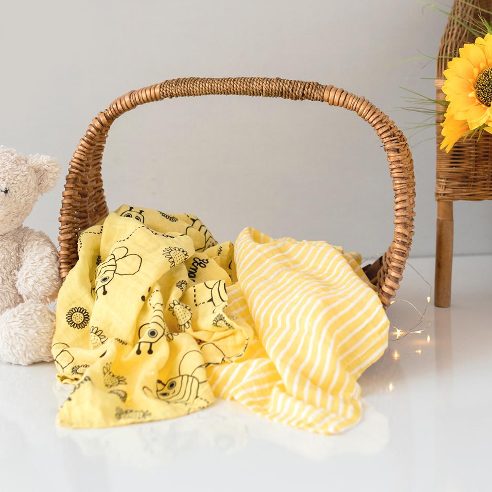 Milk&Moo Set of 2 Buzzy Bee Baby Muslin Swaddle Blanket, 100% Cotton, Ultra Soft
