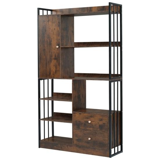 Bookcase, 6 Shelf Bookcase with Doors And Drawers Floor To Ceiling Bookcase, Industrial Bookcase, Steel Shelf,