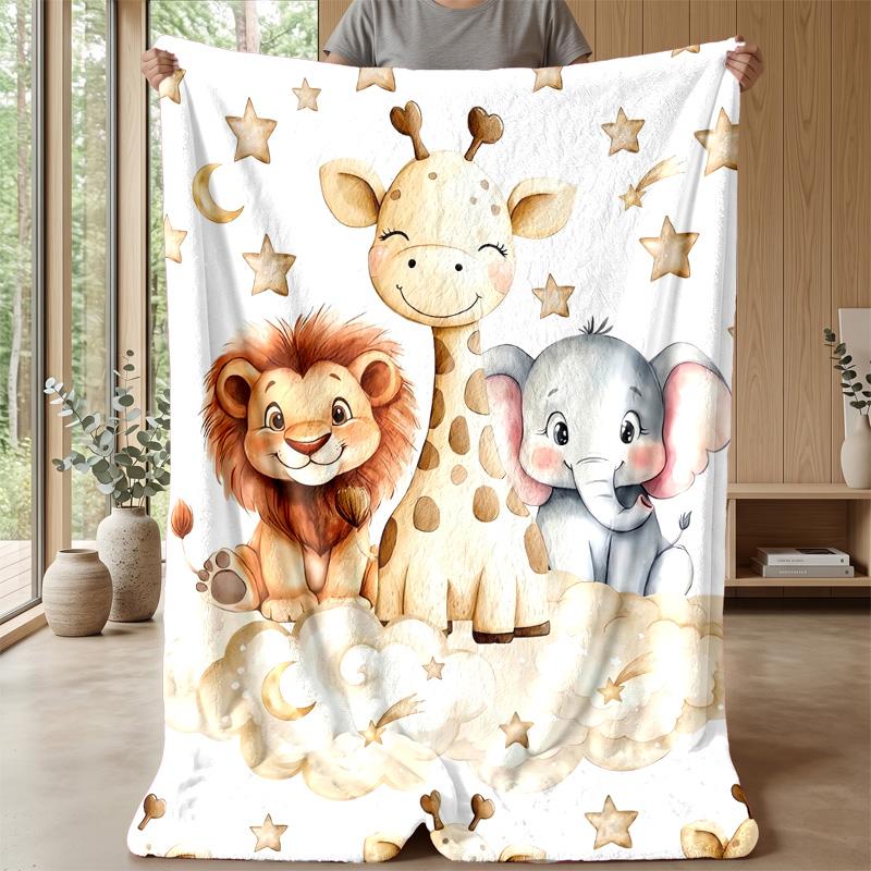 Giraffe, Lion, Elephant on Cloud with Stars Theme blanket Lightweight Warm Flannel Blanket Decorative Throw Blanket for Home Decoration
