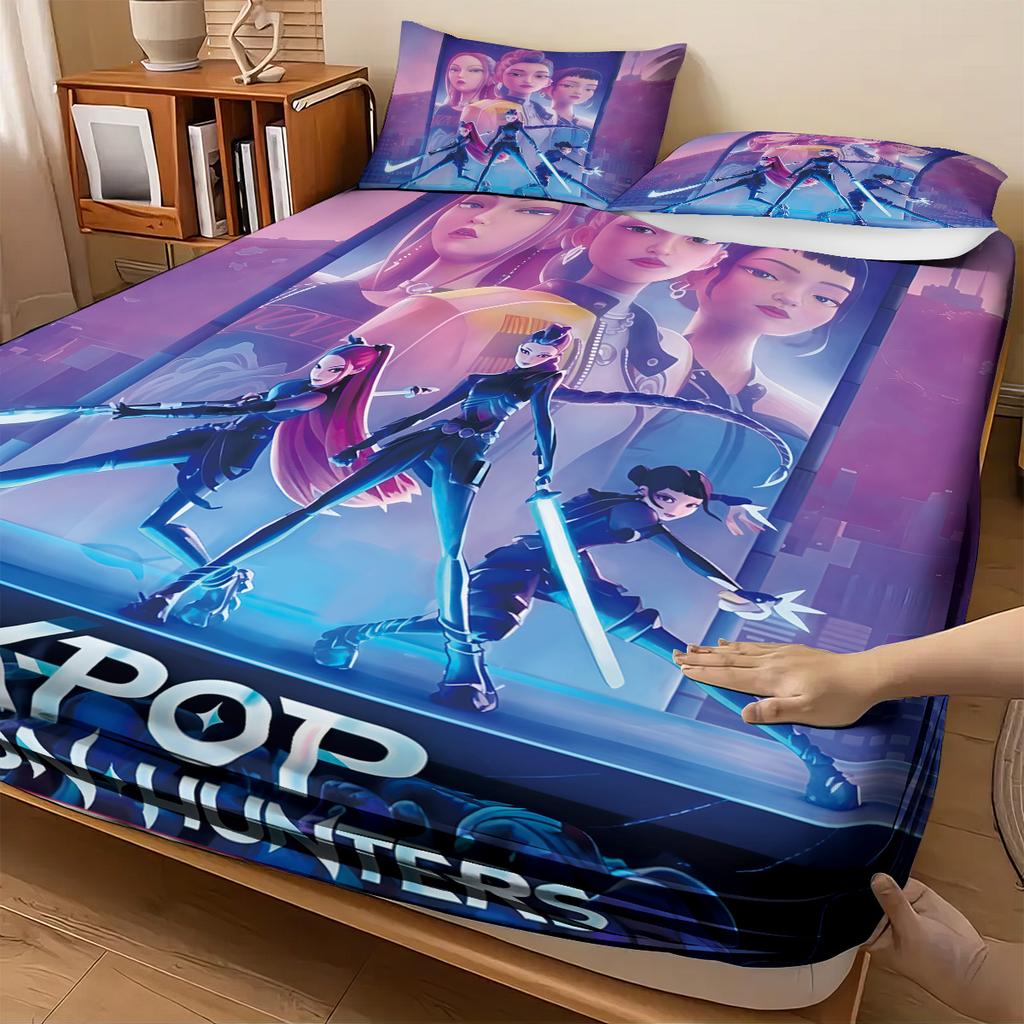 3 шт. K-Pop Охотники на демонов Принт Бессердечный Комплект простыней на резинке Разные размеры Мягкое покрывало для кровати Декор для спальни Машинная стирка
